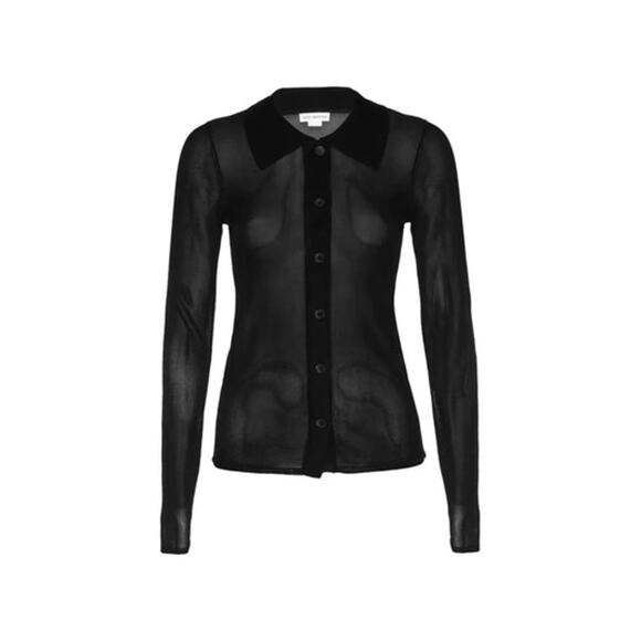 Good American Sheer Button-up Polo Shirt In Black - Picture 1 of 7
